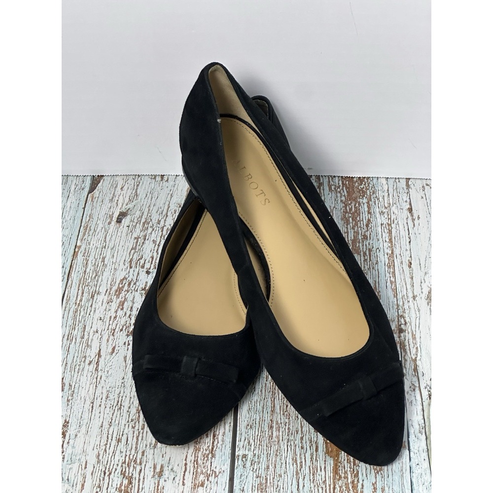 Talbots Edison Cap Toe Flats 9.5 M Black Suede Leather Bow Pointed Toe Shoes - Picture 10 of 16